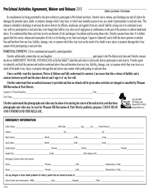 Pre-School Activities Agreement, Waiver and Release