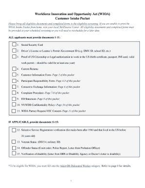 Workforce Innovation and Opportunity Act (WIOA) Customer Intake Packet
