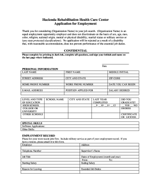 Hacienda Rehabilitation Health Care Center Application for Employment