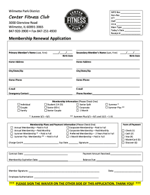 Wilmette Park District Fitness Club Membership Renewal Application