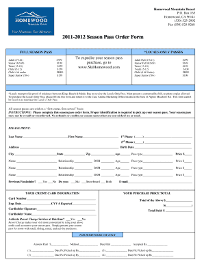 Homewood Mountain Resort Season Pass Order Form