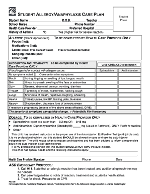 Student Allergy Anaphylaxis Care Plan