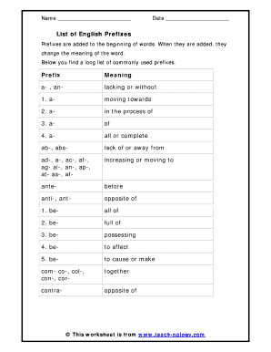 English lesson plan - List of English Prefixes - Worksheets Lesson Plans