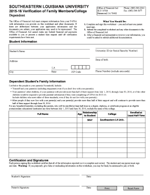 Southeastern Louisiana University Financial Aid Verification Form