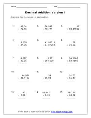 Decimal Addition Worksheet