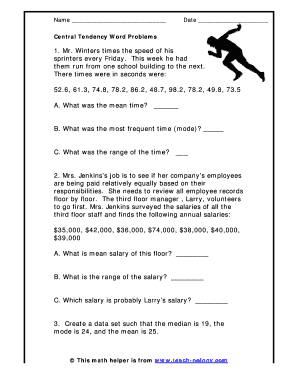 Central Tendency Word Problems Worksheet