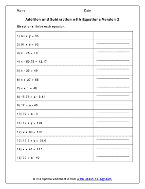 Addition and Subtraction with Equations Worksheet