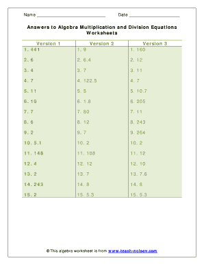 Algebra Multiplication and Division Equations Worksheet