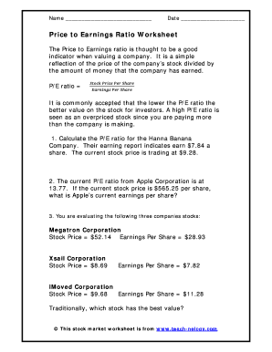 Price to Earnings Ratio Worksheet