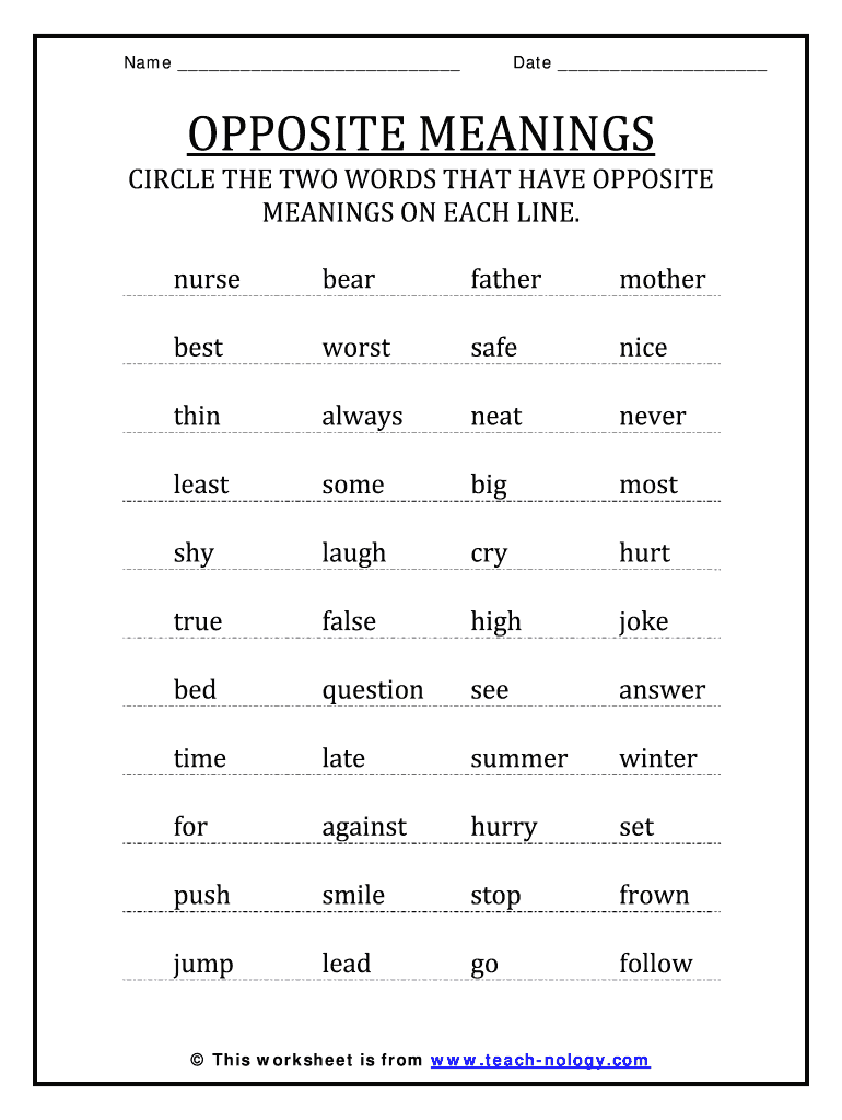Fillable Online Opposite Meanings Understanding The Mean of Words Fax