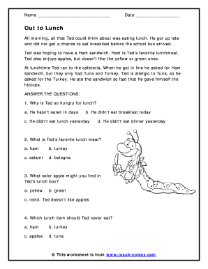 Ted's Lunch Story Worksheet