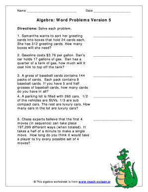 Algebra Word Problems Worksheet