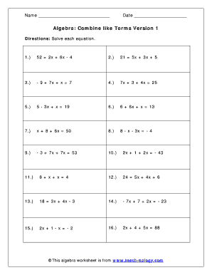 Algebra Combine Like Terms Worksheet