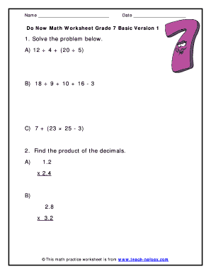 Grade 7 Basic Math Worksheet