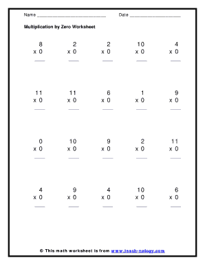 Multiplication by Zero Worksheet