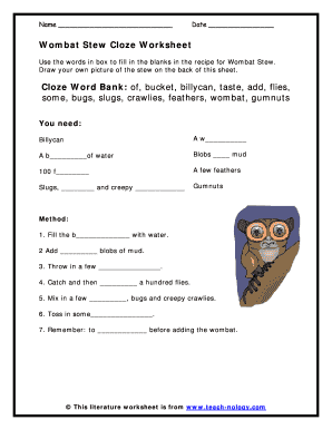 Wombat Stew Cloze Worksheet