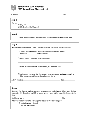 Handweavers Guild of Boulder 2013 Annual Sale Checkout List Artist name PIN #