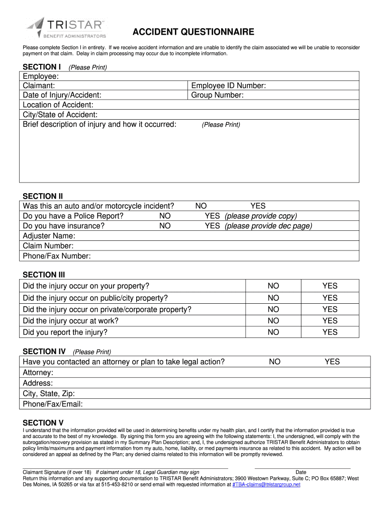 Fillable Online ACCIDENT QUESTIONNAIRE Please complete Section I in