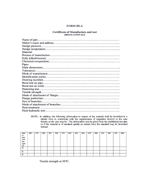 Certificate of Manufacture and Test Form III-A