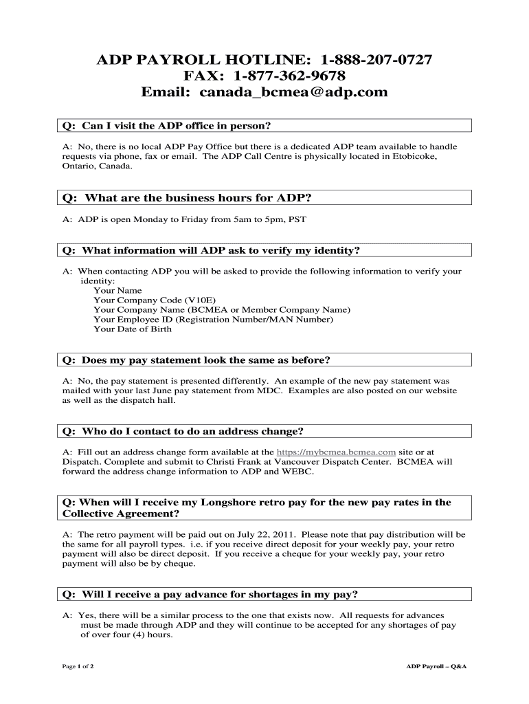 Fillable Online ADP PAYROLL HOTLINE 18882070727 Fax Email Print