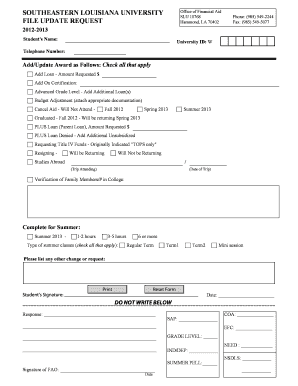 Southeastern Louisiana University Financial Aid Update Request