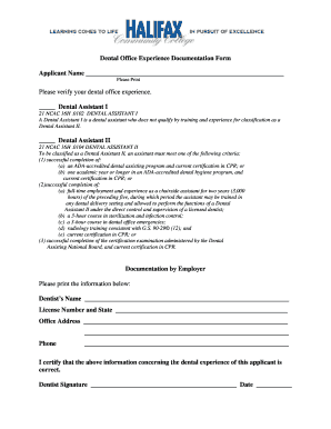 Dental Office Experience Documentation Form