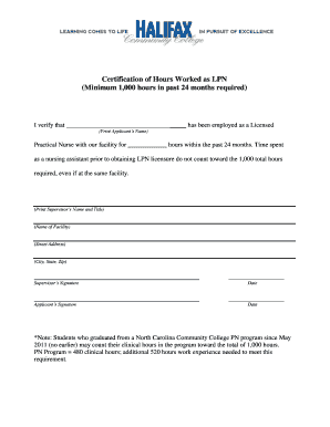 Certification of Hours Worked as LPN