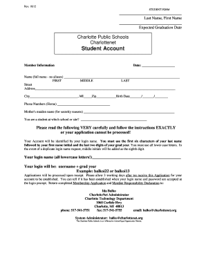 Charlotte Public Schools Student Account Application Form