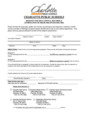 Request for Educational Records and Affirmation of Discipline Record