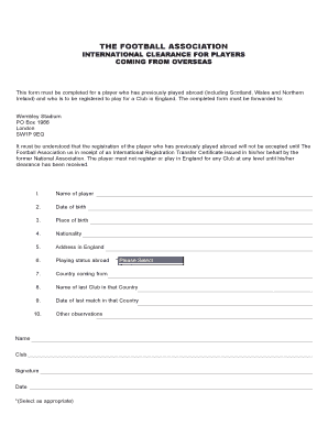 Football Association International Clearance Form