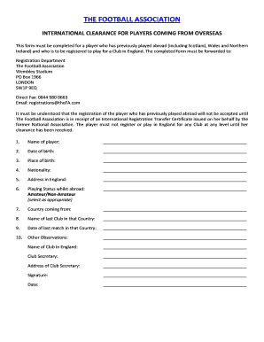 Football Association International Clearance Form