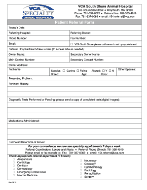 VCA South Shore Animal Hospital Patient Referral Form