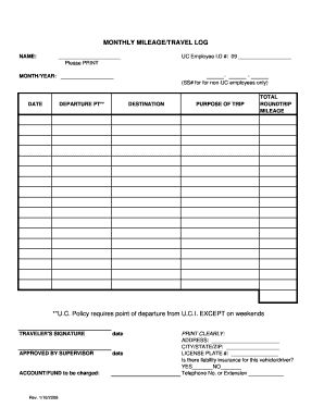 UC Employee Monthly Mileage Travel Log
