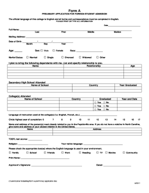Preliminary Application for Foreign Student Admission