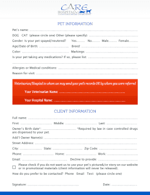 Veterinary Emergency Pet Information Form