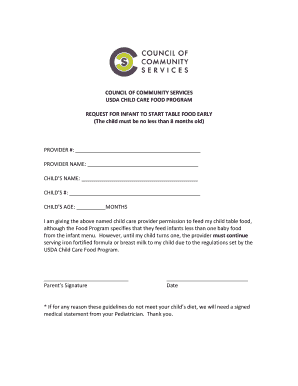 USDA Child Care Food Program Table Food Request