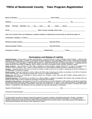YMCA Teen Program Registration Form
