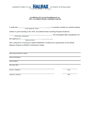 Certificate of Current Enrollment in ADA Accredited Dental Assisting Program