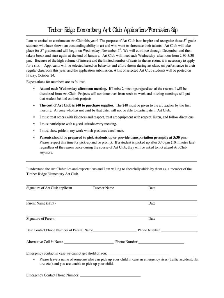 art club application form Preview on Page 1