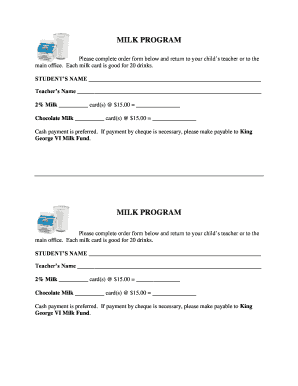 School Milk Program Order Form