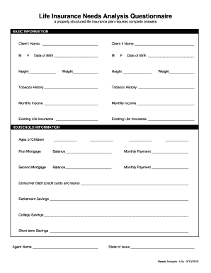 Life Insurance Needs Analysis Questionnaire