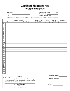 Certified Maintenance Program Register