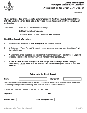 Ontario Works Direct Deposit Authorization