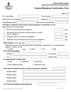 Ontario Tenancy Residency Confirmation Form