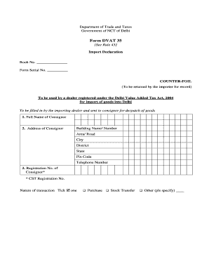 Delhi VAT Import Declaration Form DVAT 35