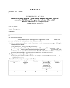 Form 49 - Return of Alteration in Company Details