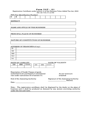 Haryana VAT Registration Certificate