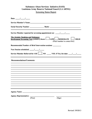 Louisiana Army Reserve National Guard Screening Status Report