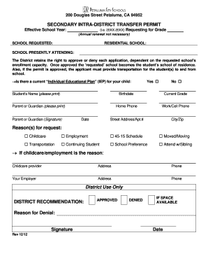Secondary Intra-District Transfer Permit