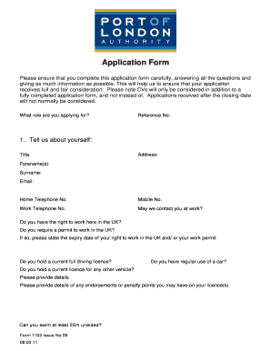 Port of London Authority Application Form 1103